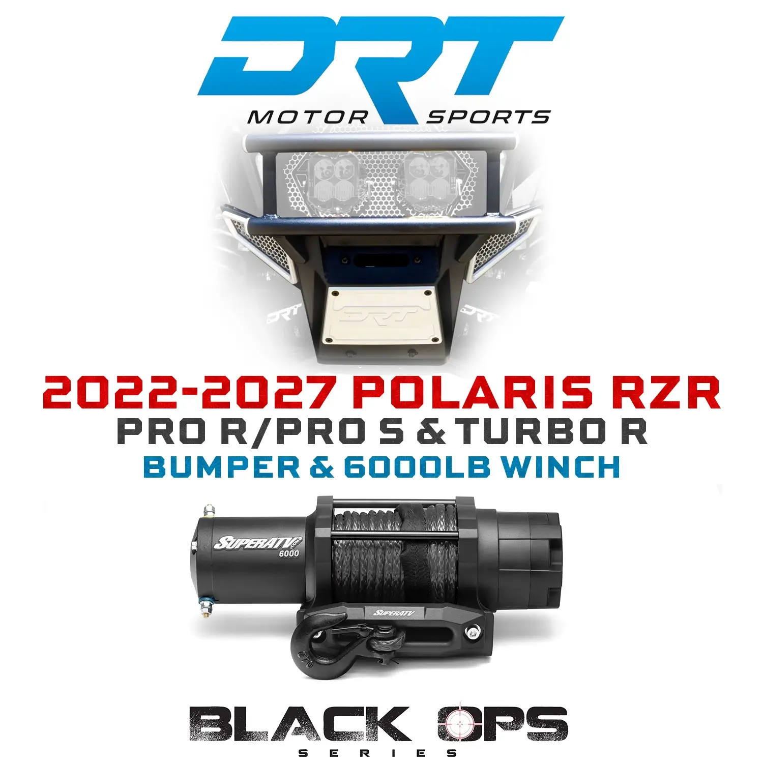 DRT Motorsports Desert Runner Winch Bumper & Black Ops Winches 6000 Lb. UTV Winch for Polaris RZR Pro R Pro S Turbo R 2022 2027
